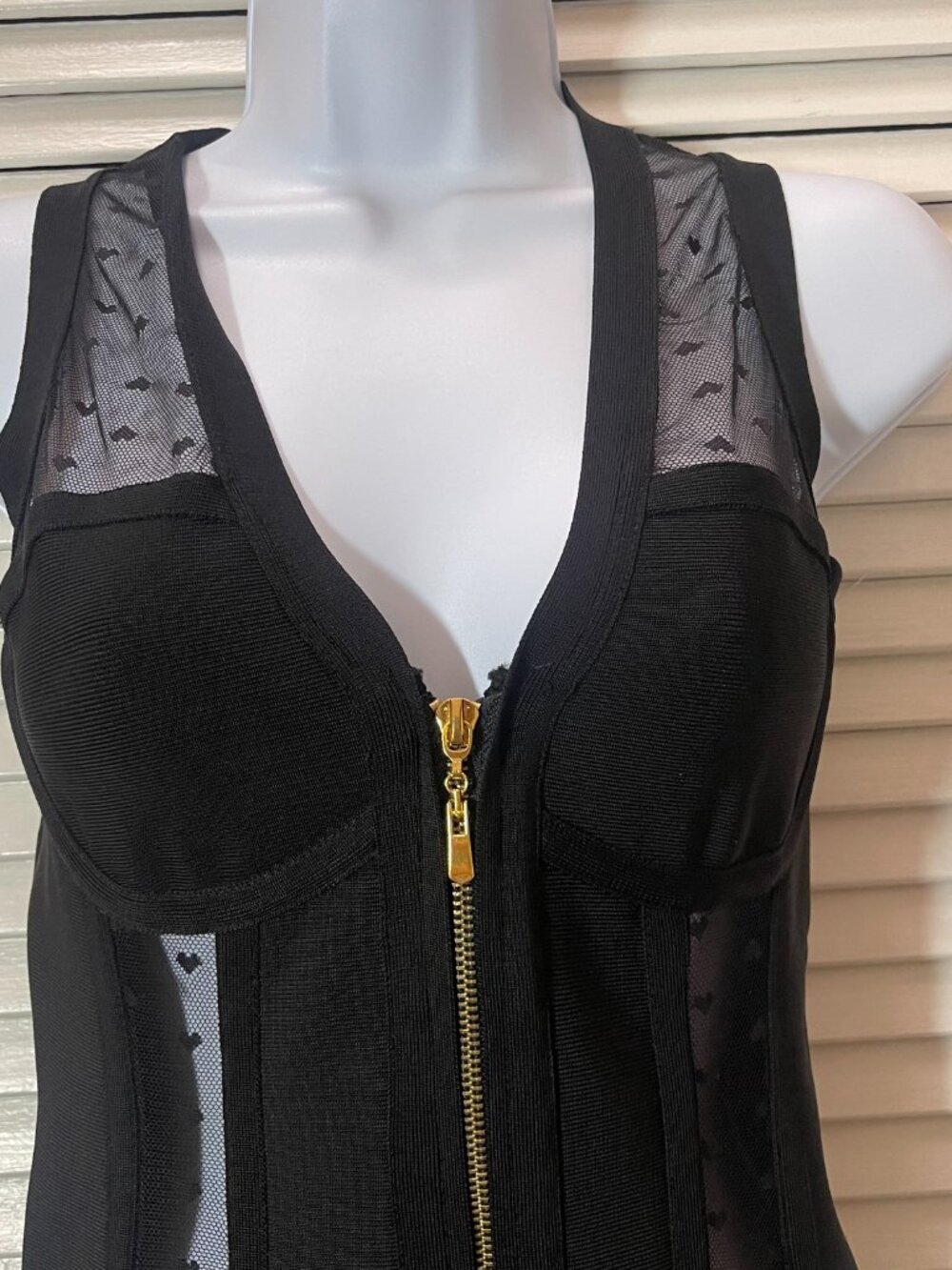 Black Mesh Panel Bodycon Dress Size S Zip Front - Picture 4 of 10